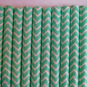May include: A bundle of green and white chevron patterned paper straws.