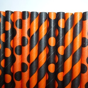 50 Orange and Black Halloween Mixed Paper Straws- Halloween Decorations, Cake Pops, Spooky Party- Polka Dots and Strips