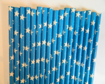 25 Blue With White Star- Patriotic Party Paper Straws- Blue Stars Baby Shower-Memorial Day, Fourth of July Party, Wonder Women, Cake Pops
