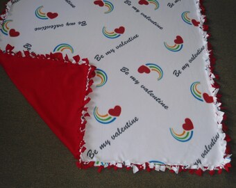 Large, Adult Size Love Blanket, "Be My Valentine" no sew fleece with red back 60"W x 72"L- Red Hearts and Rainbows