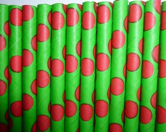 25 Green with Red Polka Dot Paper Straws-  Food Safe, Biodegradeable, Soy Based Ink-Christmas Decorations- Party Straw