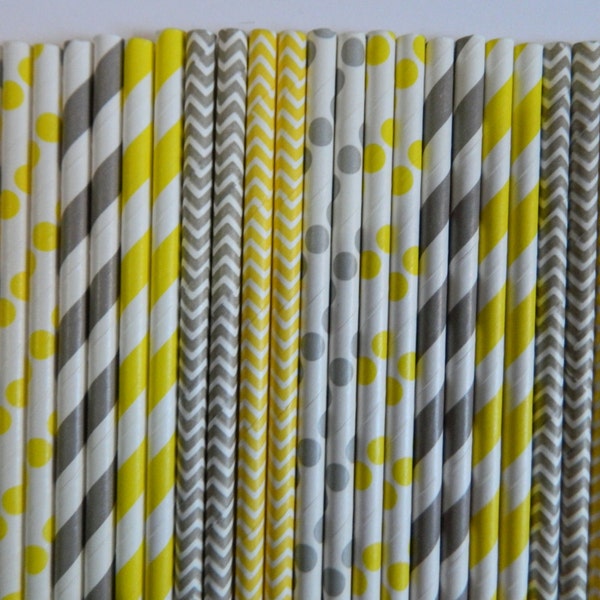 50 Mixed Light Grey and Yellow Striped, Chevron and Polka Dot Paper Straws- Baby Shower Decorations-Birthday Party, Cake Pops, Bridal Shower