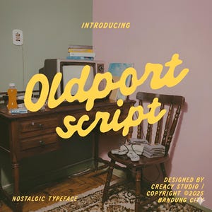 May include: A wooden desk and chair set featuring a vintage television, a stack of books, and a retro gaming console with controllers. The text "INTRODUCING Oldport script NOSTALGIC TYPEFACE DESIGNED BY CREACY STUDIO | COPYRIGHT ©2025 BANDUNG CITY" is visible.