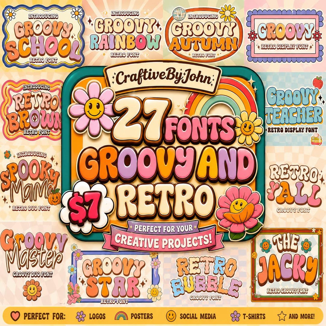 27 Groovy Retro Fonts Bundle, 70s Hippie Typography Collection (digital ...