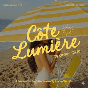 May include: Image with the words "Côte Lumière" in a yellow, handwritten font, and a sun illustration. A person in a white swimsuit is under a yellow and white striped umbrella on a beach. Text reads "Coastal Bohemian Style" and "Light. Free. Sun-kissed."