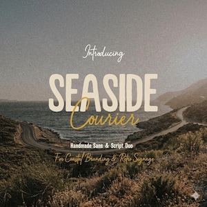 May include: A digital graphic featuring the text Introducing SEASIDE Courier Handmade Sans & Script Duo For Coastal Branding & Retro Signage overlaid on a scenic view of a winding coastal road along a dark blue sea under a hazy sky.