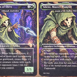 May include: Two rectangular trading cards featuring fantasy illustrations of hooded figures with skull masks. The left card is titled Silent, Fan of Shivs, and the right card is titled Silent, Master Planner. Both cards display text, game statistics, and artwork in shades of green, purple, and brown.