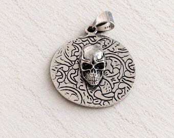 Oxidized Silver Skull Medallion Pendant, Ornate Engraved Coin, Gothic Memento Mori Jewelry