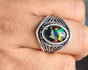 Oval Black Fire Opal Statement Ring, Oxidised Silver, Gothic Boho Jewelry