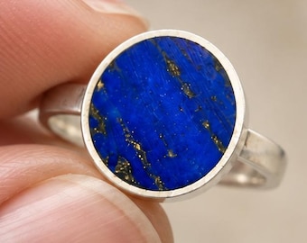 Handmade Sterling Silver Lapis Lazuli Ring, Oval Cabochon, Golden Pyrite Flecks