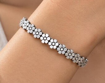 Handmade Silver-Tone Floral Bangle, Oxidized Flower Cuff Bracelet, Boho Jewelry
