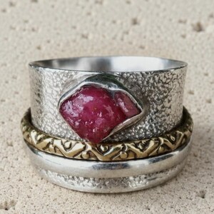 Handmade Ruby Spinner Ring, 925 Sterling Silver, Gold Tone, Textured Band
