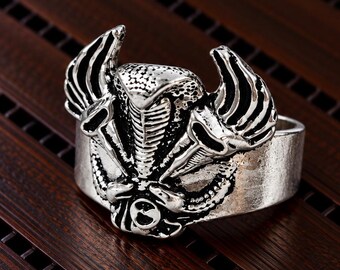 Handmade Sterling Silver Cobra Skull Ring, Gothic Biker Statement Jewelry