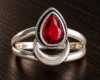 Handmade Sterling Silver Red Garnet Ring, Pear Teardrop Gemstone, Crescent Boho Jewelry