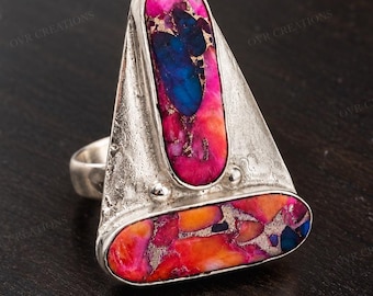 Handmade Sterling Silver Cotton Candy Turquoise Statement Ring, Boho Southwestern Jewelry