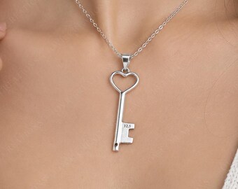 925 Sterling Silver Heart Key Pendant Necklace, Romantic Boho Jewelry, Unisex Pendant