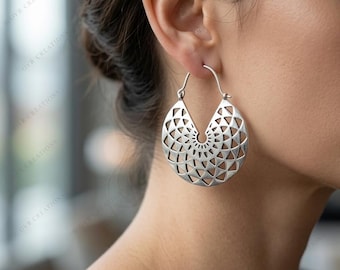 Sterling Silver Filigree Hoop Earrings | Geometric Cutwork Statement Jewelry