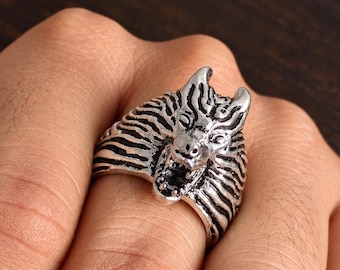 Handmade 925 Sterling Silver Wolf Head Ring, Gothic Biker Statement Jewelry