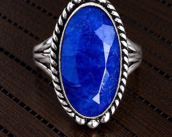 Handmade Sterling Silver Blue Sapphire Ring, Oval Gemstone, Twisted Rope Border, Split Shank Band