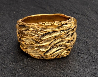 Textured Brass Wide Band Ring, Organic Sculptural Statement, Rustic Boho Jewelry