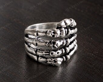 Handmade Silver-Tone Skeleton Finger Ring, Gothic Punk Biker Statement Jewelry