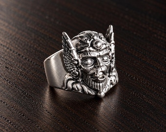Handmade 925 Sterling Silver Horned Demon Face Ring, Gothic Biker Statement Jewelry