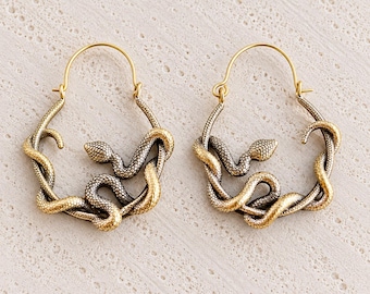 Handmade Gold Plated Brass Snake Dangle Earrings, Intertwined Serpent Design, Boho Gothic Jewelry