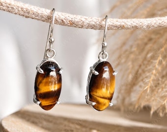 Handmade Silver Tiger Eye Dangle Earrings, Oval Cabochon, Boho Jewelry