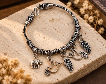 Handmade Oxidized Silver Elephant Bird Leaf Charm Bracelet, Boho Indian Jewelry