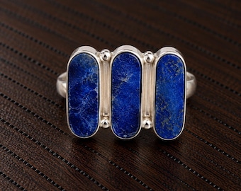 Handmade Sterling Silver Lapis Lazuli Statement Ring, Three Stone Geometric Design, Boho Southwestern Jewelry