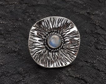 Handmade Sterling Silver Moonstone Statement Ring, Oxidized Boho Artisan Jewelry