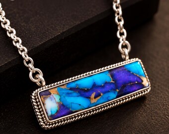 Purple Blue Dahlia Turquoise Bar Necklace, Sterling Silver Rectangle Pendant, Southwestern Boho Jewelry