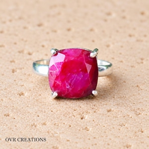 Hot Pink Oval Faceted Ruby Ring, Sterling Silver Prong Setting, Statement Jewelry