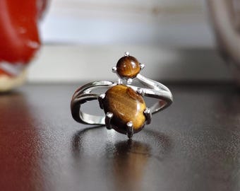Handmade Tiger Eye Bypass Ring, Boho Statement Jewelry, Silver-Tone Stone Ring