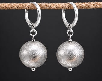 Handmade Sterling Silver Textured Ball Dangle Earrings, Modern Hoop Jewelry