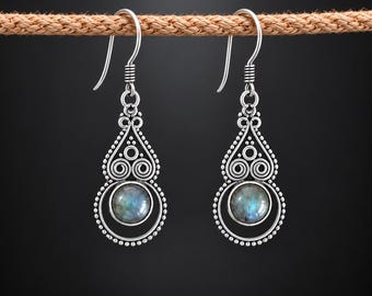 Handmade Sterling Silver Moonstone Filigree Dangle Earrings, Boho Vintage Jewelry