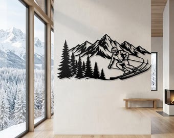 Ski Mountain Metal Wall Decor, Skier Wall Art, Pine Forest Decor, Cabin Living Room Decor, Best Gifts for Skier, Large Ski Sign
