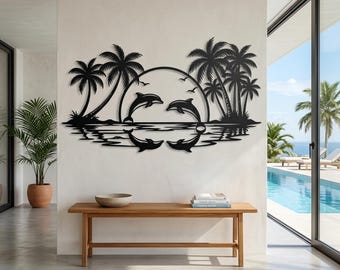 Tropical Dolphin Wall Art, Palm Tree Metal Wall Decor, Coastal Beach Decor, Large Ocean Decor, Poolside Wall Art, Beach House Decor