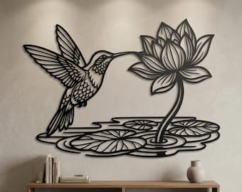 Metallväggdekoration för kolibri, väggkonst för lotusblomma, dekoration för utomhusstrandhus, tropisk väggkonst, trädgårdsväggdekoration, present till kolibriälskare