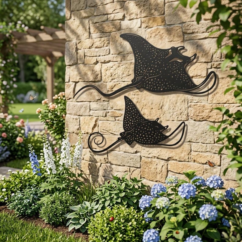 May include: Two black metal wall art pieces shaped like spotted eagle rays, featuring intricate cut-out patterns and long, curved tails. These decorative silhouettes are mounted on a textured stone wall, displaying a flat, dark finish.