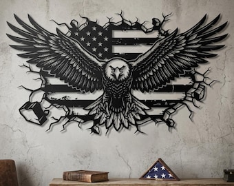 Väggkonst i metall med amerikansk örn, patriotisk väggkonst, metallskylt med amerikansk flagga, väggkonst i garage, dekoration för man cave, presenter till veteraner, skylt med vithövdad havsörn