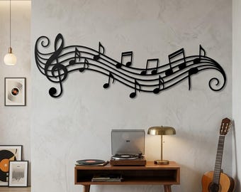 Metallväggkonst med musiknoter, horisontell musikrumsdekor, modern väggkonst med diskantklav, present till musiker, estetisk musikstudioskylt