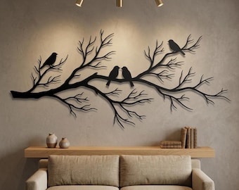 Bird Branch Metal Wall Decor, Large Living Room Wall Art, Above Couch Decor, Boho Home Decor, Rustic Nature Decor, Balcony Wall Art