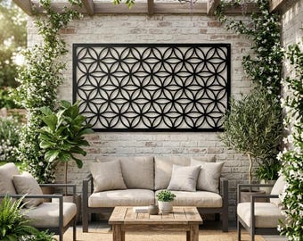 Väggdekoration i metall med livets blomma, väggkonst med helig geometri, modern vardagsrumsinredning, dekoration ovanför soffan, väggdekoration med pergola, väggkonst i metall