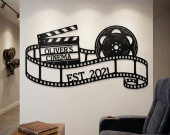 Personalized Cinema Sign, Home Theater Decor, Movie Room Decor, Film Reel Wall Decor, Media Room Decor, Movie Lover Gifts, Metal Cinema Sign