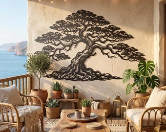 Metalowa sztuka ścienna z drzewkiem bonsai, duża sztuka ścienna na zewnątrz, dekoracja patio z drzewkiem bonsai, wystrój salonu w stylu boho, wystrój ogrodu zen, japońska sztuka ścienna