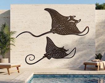 Metallväggdekoration med mantarocka, väggkonst med stingrocka, utomhusdekoration vid poolen, metallskylt med hav, dekoration med tropiskt strandhus, heminredning med kustmotiv