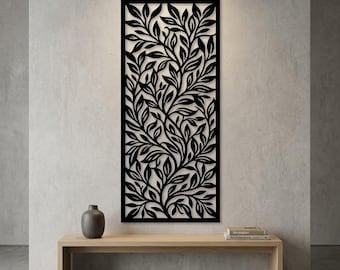 Väggdekor i metall med lövmotiv, hög vertikal väggkonst, vertikal väggpanel, väggdekor i entrén, dekor ovanför bänken, modern balkongdekor