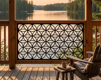 Metallskärm med motivet Livets blomma, panel med helig geometri, dekoration av altanräcke, dekoration av sjöhus, skärm för uteplats, skylt med terrassräcke