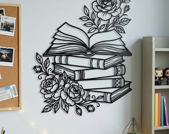 Dekoracja ścienna z metalową książką w kwiaty, sztuka ścienna dla miłośników książek, dekoracja kącika do czytania, dekoracja domowej biblioteki, prezenty dla miłośników książek, dekoracja biblioteki